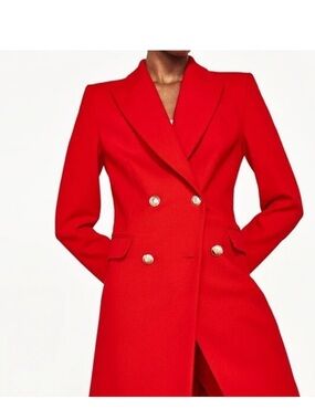 Zara Vibrant Red Double-Breasted Tailored Blazer Coat with Gold Buttons